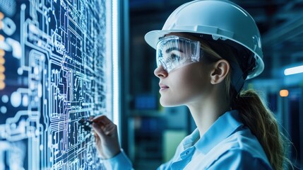 Poster - Female Engineer Analyzing Complex System Schematics