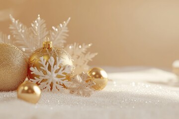 Wall Mural - Elegant Gold Christmas Ornaments Resting on Sparkling Snow