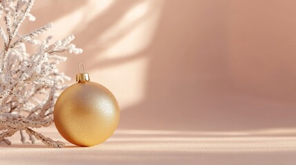 Poster - Golden Christmas Ornament Beside Snowy Branch