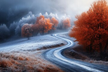 Poster - Frosty Winding Road Through Autumnal Woods