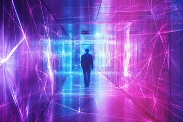 Aufkleber - Man Walks Through Neon Lighted Corridor Digital Art