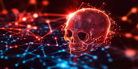 Fototapete - Digital Skull Networked in Red and Blue Lights