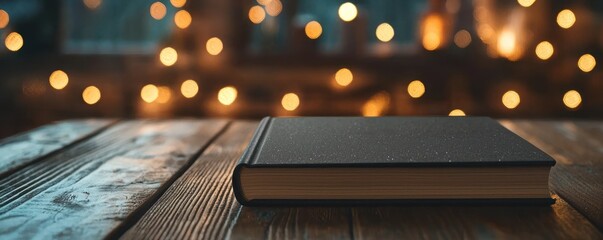 Poster - Dark Book Rests On Wooden Table With Lights Blurred