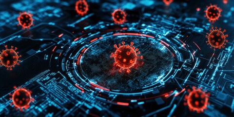 Fototapete - Coronavirus particles displayed on a digital circuit board