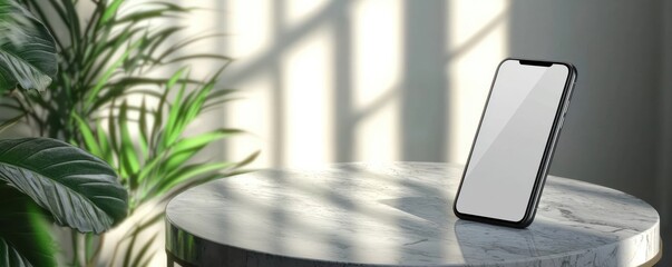 Poster - Modern Smartphone Displayed on Marble Tabletop with Plants