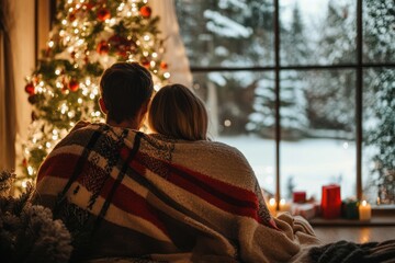 Wall Mural - Couple snuggled under blanket near Christmas tree