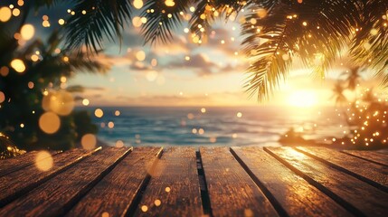 Poster - Wooden Deck Overlooking Tropical Sunset Ocean Scene