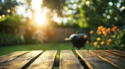 Poster - Wooden Table Backyard Summer Grill Setting