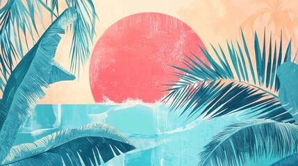 Poster - Tropical Sunset Ocean Scene Palm Leaves Artwork