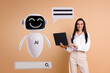 © deagreez - Composite trend artwork 3D sketch collage of robot assistant artificial intellect young lady office manager work laptop speech cloud search