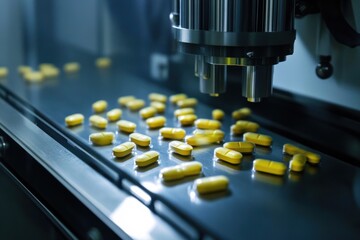 Poster - Automated Pill Production Line Manufacturing Yellow Tablets