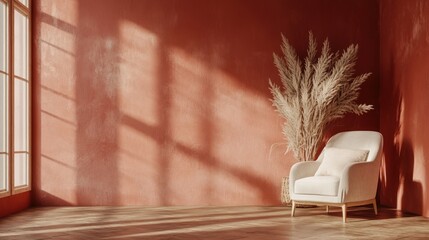 Wall Mural - Sunlit Room Corner Featuring Armchair and Pampas Grass