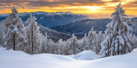 Poster - Majestic Winter Sunset Over Snow Covered Mountains