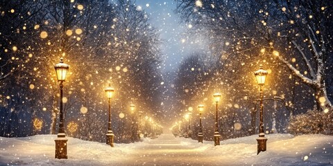 Poster - Snowy Winter Pathway Illuminated By Golden Streetlights