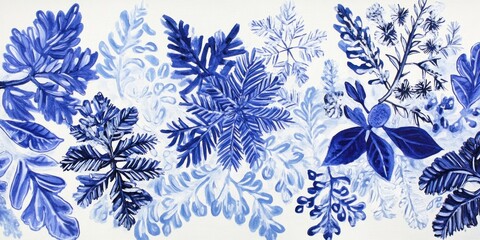 Wall Mural - Blue Hues Botanical Artwork Featuring Varied Foliage