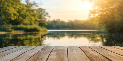 Poster - Wooden Tabletop Overlooking Serene Lakeside Summer Scenery