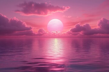 Poster - Pink Sunset Over Calm Ocean With Large Moon