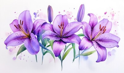 Wall Mural - Watercolor Painting of Three Purple Lilies with Buds