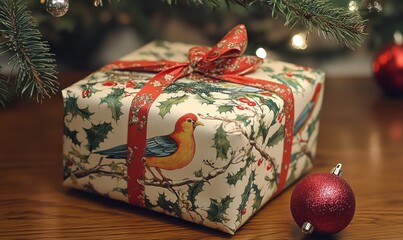 Aufkleber - Christmas Gift Under Tree With Holly Bird Design