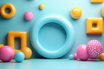 Poster - Colorful Geometric Shapes and Spheres on Blue Background