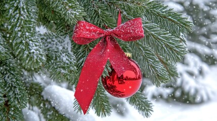 Poster - Red Ornament Bow Snow Covered Pine Branch