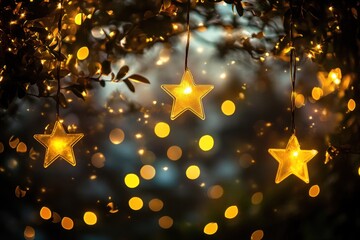 Poster - Illuminated Star Lights Hanging Amongst Dark Foliage