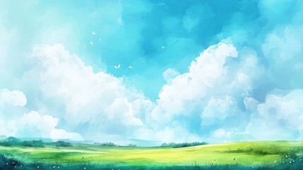 Poster - Serene Landscape Painting Of Rolling Green Hills And Blue Sky