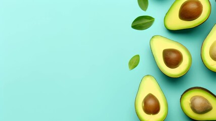 Aufkleber - Ripe avocado halves with pits, creating a vibrant and healthy pattern on a teal backdrop, offering ample copy space for text or design elements