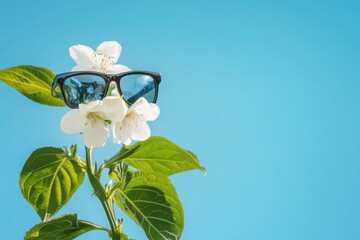 Poster - Sunglasses Resting on White Blossoms and Green Leaves