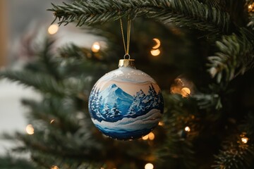 Poster - Winter Mountain Scene Christmas Ornament Hanging On Tree