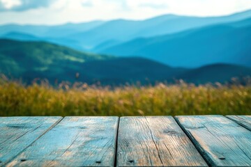 Poster - Wooden Tabletop Overlooking Scenic Mountain Range