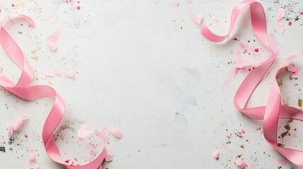 Poster - Pink ribbons and confetti on a white textured background