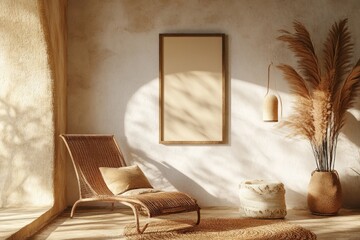 Wall Mural - Sunlit Room Featuring Wicker Chaise Lounge And Pampas Grass