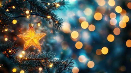 Aufkleber - Glittering Star Ornament on Christmas Tree with Lights
