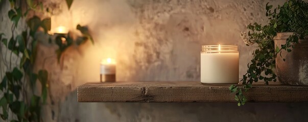 Poster - Lit Candles On Wooden Shelf With Plants