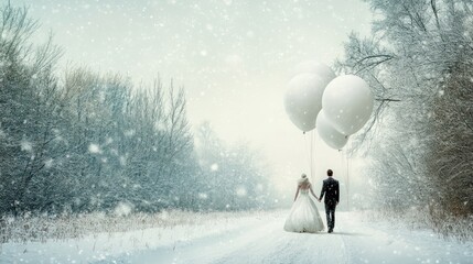 Sticker - A Snowy Winter Wedding Couple Walking Away With Balloons