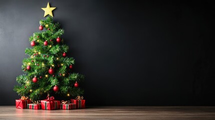 Aufkleber - Decorated Christmas tree with presents sits against a dark background