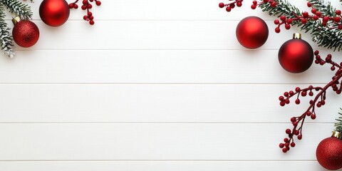 Aufkleber - Red Christmas Ornaments and Berries on White Wood