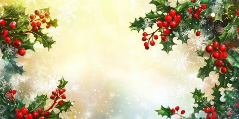 Aufkleber - Festive Holly Berries and Leaves Winter Snow Background