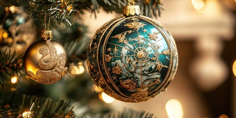 Aufkleber - Ornate teal and gold Christmas ornaments adorn a tree