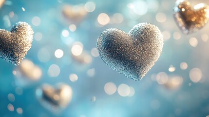 Aufkleber - Sparkling Silver Hearts Float On A Blue Background
