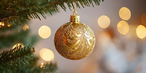 Wall Mural - A Glittering Gold Ornament Hangs On A Christmas Tree