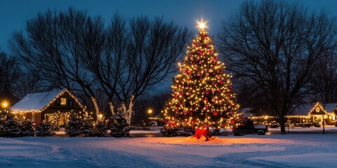 Wall Mural - Illuminated Christmas Tree In Snowy Winter Village Setting