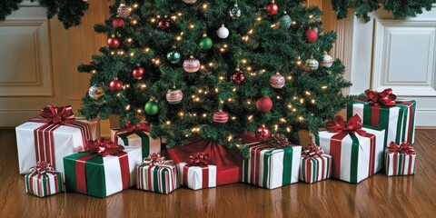Aufkleber - Decorated Christmas Tree with Presents Underneath