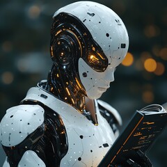 Poster - Exploring future robotics a cybernetic companion reading in a futuristic cityscape at dusk highlighting ai integration
