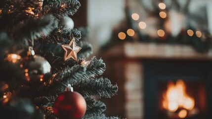 Poster - Decorated Christmas Tree Near Cozy Fireplace