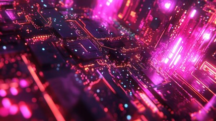 Poster - Abstract Glowing Circuit Board Design Featuring Pink And Orange Hues
