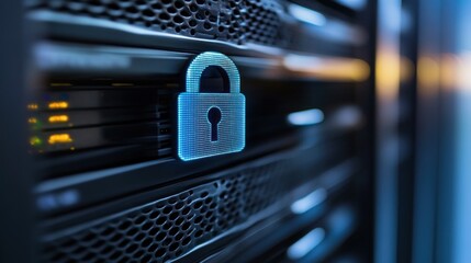 Aufkleber - Illuminated Padlock Symbol on Server Rack Indicates Data Security