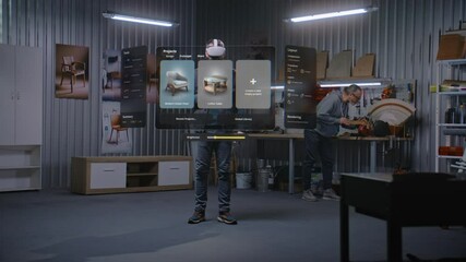 Fototapete - Modern workshop: Professional artisan or designer wearing VR headset assembles chair using extended reality and app with AI user interface. 3D graphics of holographic virtual furniture. VFX animation.