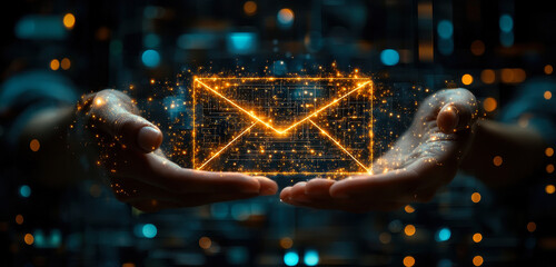 Poster - digital marketing automation concept with futuristic email icon and campaign strategies illustration